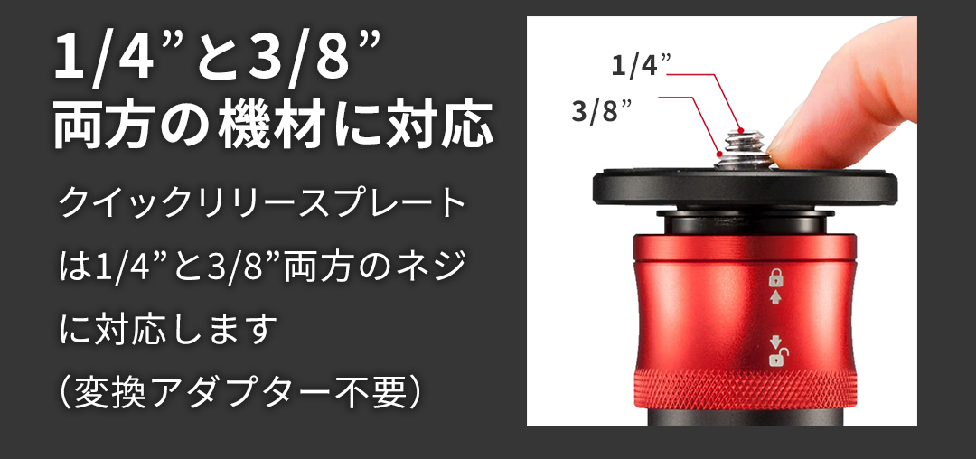 1/4・3/8ネジ両方の機材に対応